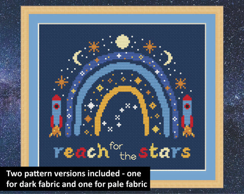 Space Boho Rainbow cross stitch pattern - on dark blue fabric with frame