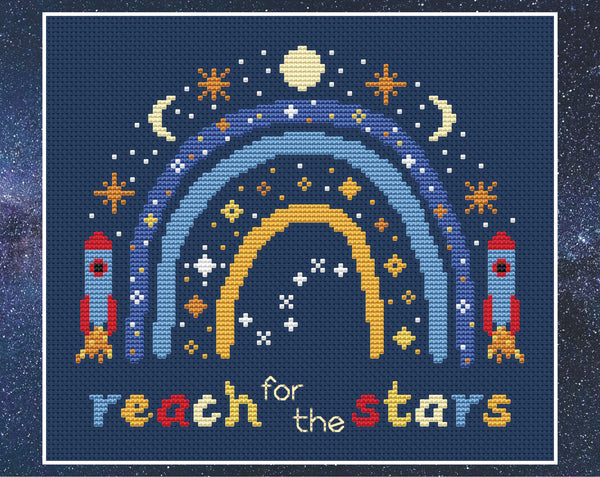 Space Boho Rainbow cross stitch pattern - on dark blue fabric without frame