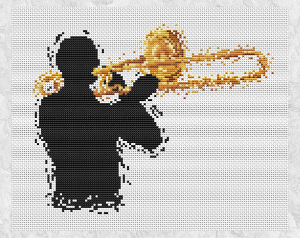 Modern art cross stitch pattern of a male trombone player. Shown without frame.