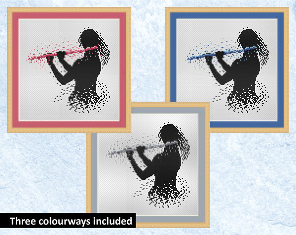 Female flutist or flute player music cross stitch pattern. Pink, blue and silver colourways shown with frames.
