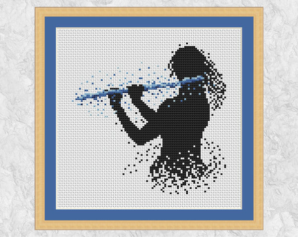 Female flutist or flute player music cross stitch pattern. Blue colourway shown with frame.