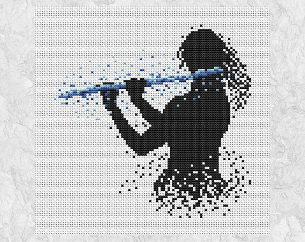 Female flutist or flute player music cross stitch pattern. Blue colourway shown without frame.