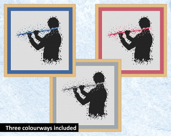 Male flutist or flute player music cross stitch pattern. Blue, pink and silver colourway options.