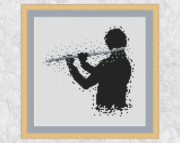 Male flutist or flute player music cross stitch pattern. Silver colourway shown with frame.