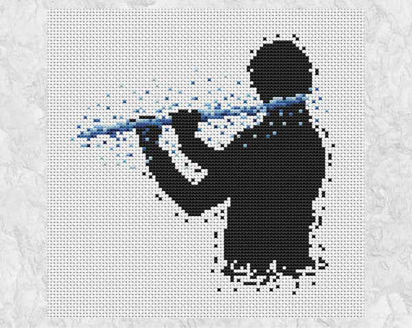 Male flutist or flute player music cross stitch pattern. Blue colourway shown without frame.
