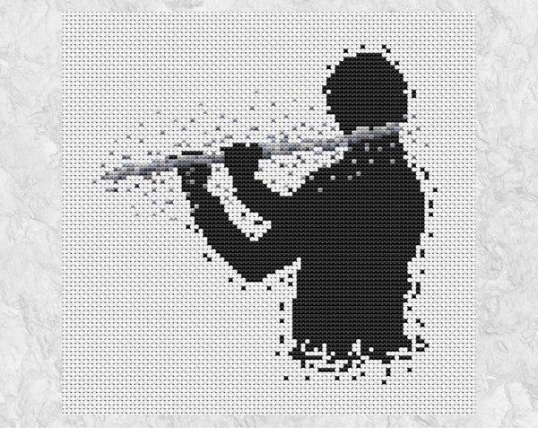 Male flutist or flute player music cross stitch pattern. Silver colourway shown without frame.