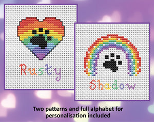 Personalised Paw Print Heart and Paw Print Rainbow cross stitch patterns with sample names added