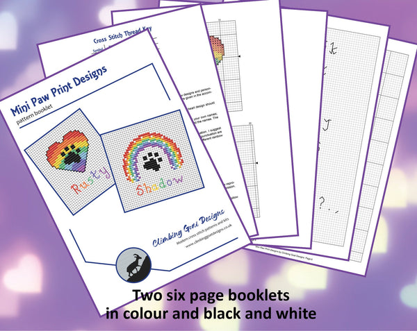 Personalised Paw Print Heart and Paw Print Rainbow cross stitch patterns - pages of PDF booklet