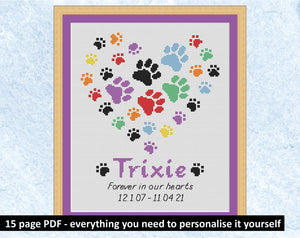 Personalised paw print heart cross stitch pattern - everything included to personalise design yourself