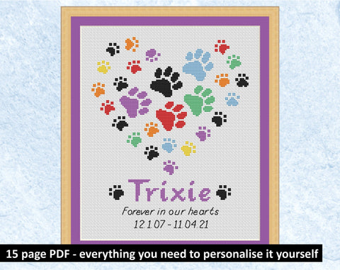 Personalised paw print heart cross stitch pattern - everything included to personalise design yourself
