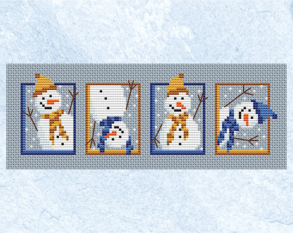 Mini fun snowman cross stitch patterns suitable for cards or a single picture