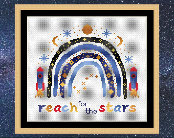 Space Boho Rainbow cross stitch pattern - on white fabric with frame
