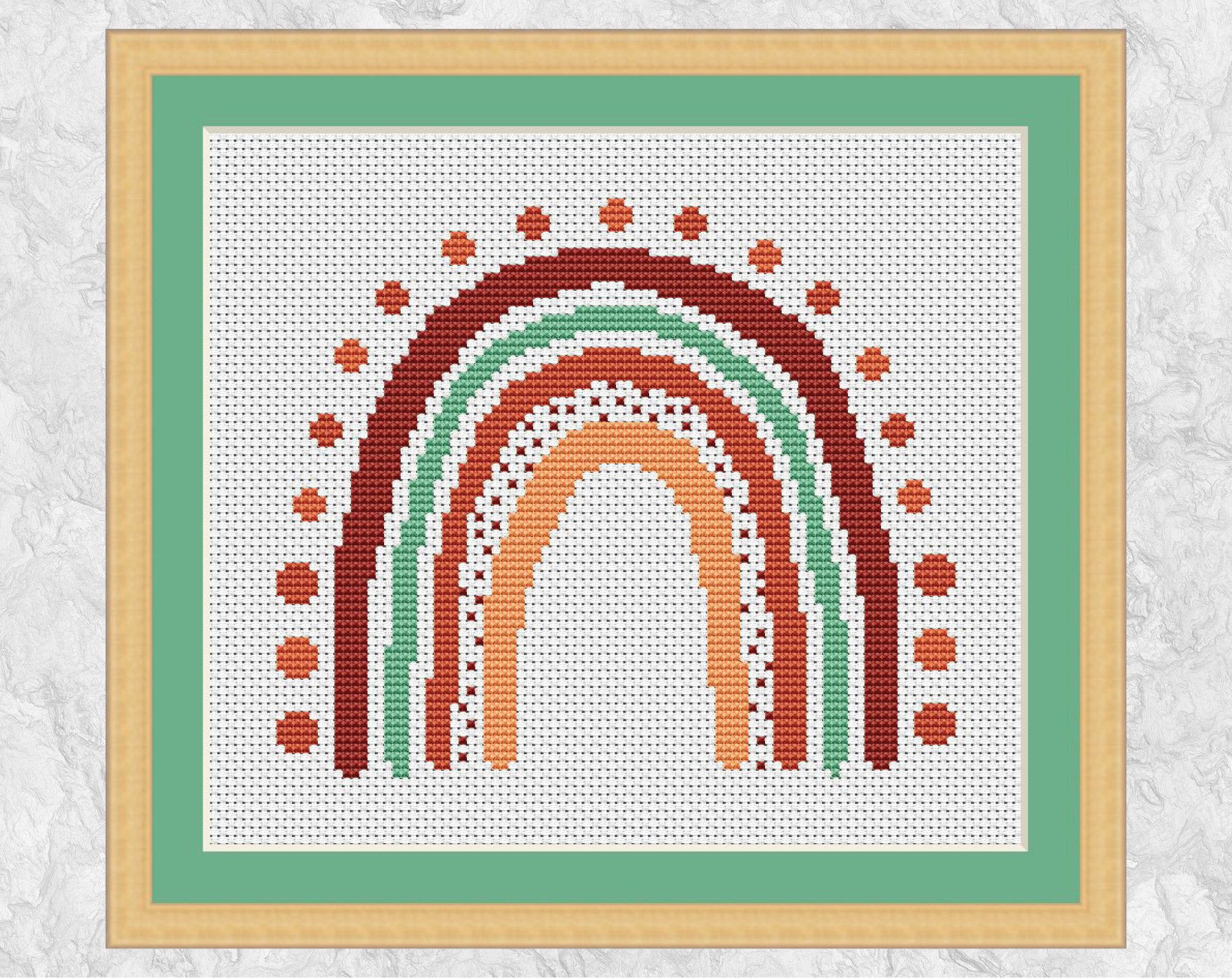 Spots Boho Rainbow cross stitch pattern in terracotta and green