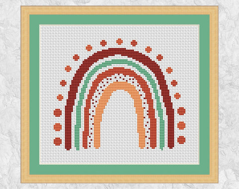 Spots Boho Rainbow cross stitch pattern in terracotta and green