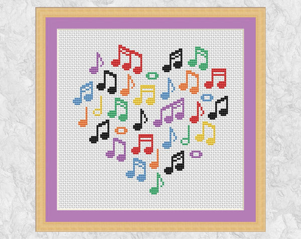 Music Notes Heart cross stitch pattern - rainbow colours
