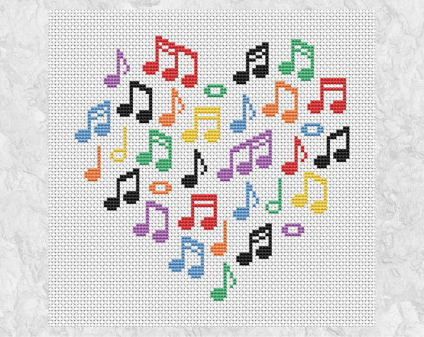 Music Notes Heart cross stitch pattern - easy to stitch