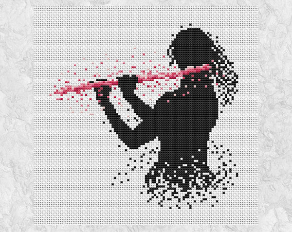 Female flutist or flute player music cross stitch pattern. Pink colourway shown without frame.