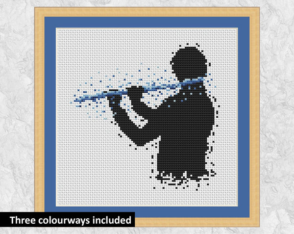 Male flutist or flute player music cross stitch pattern. Blue colourway shown with frame.