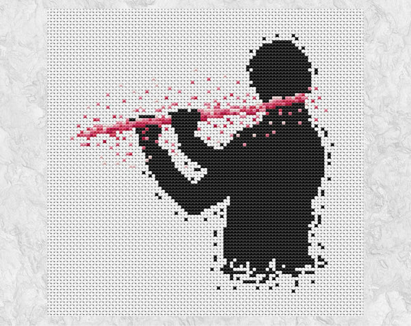 Male flutist or flute player music cross stitch pattern. Pink colourway shown without frame.