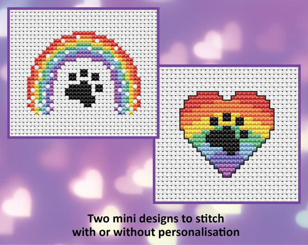 Mini Paw Print Heart and Paw Print Rainbow cross stitch patterns shown without names