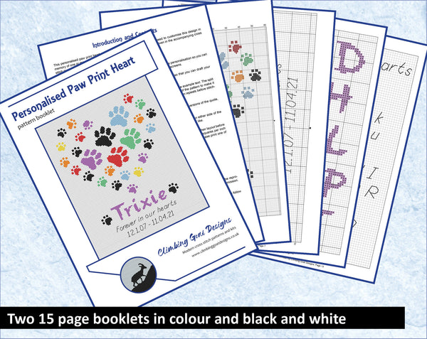 Personalised paw print heart cross stitch pattern - everything included to personalise design yourself - pages of booklet