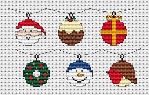 Fun Christmas Baubles cross stitch pattern - different characters
