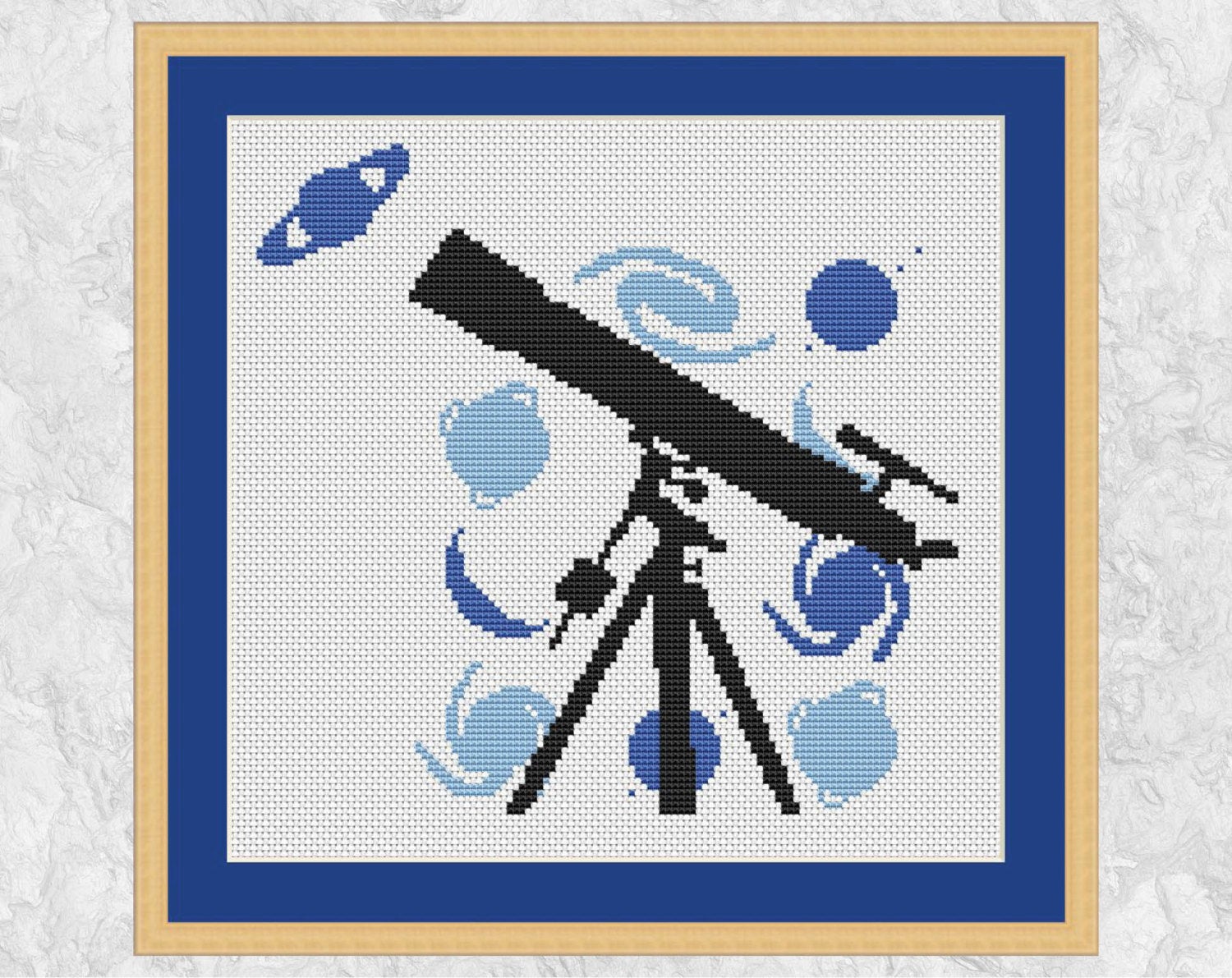 Telescope - Space cross stitch pattern - with frame