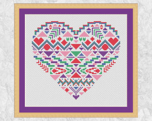 Geometric Heart cross stitch pattern - with frame