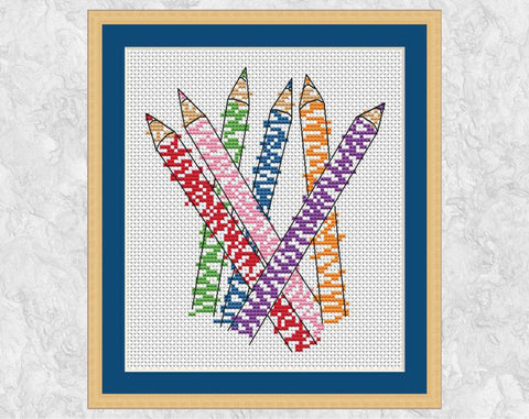Colouring pencils cross stitch pattern with frame