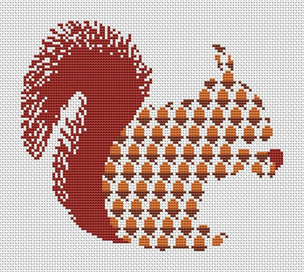Silhouette cross stitch pattern of a red squirrel made up of acorns - and with one in its paws! Shown without frame.