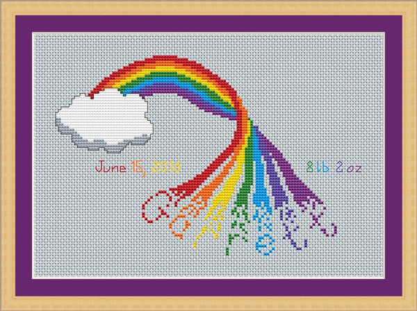 Personalised rainbow cross stitch pattern - rainbow with name emerging from it. Version with one name - alternative example.