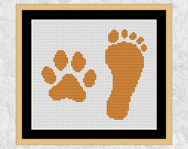 Pawprint and Footprint cross stitch pattern - with frame